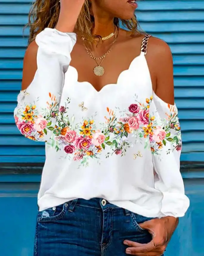 Floral Print Chain Decor Cold Shoulder Top 2023 Long Sleeve Casual Women T Shirts Autumn Skinny Sexy Solid Basic Crop Tops
Floral Print Chain Decor Cold Shoulder Top 2023 Long Sleeve Casual Women T Shirts Autumn Skinny Sexy Solid Basic Crop Tops