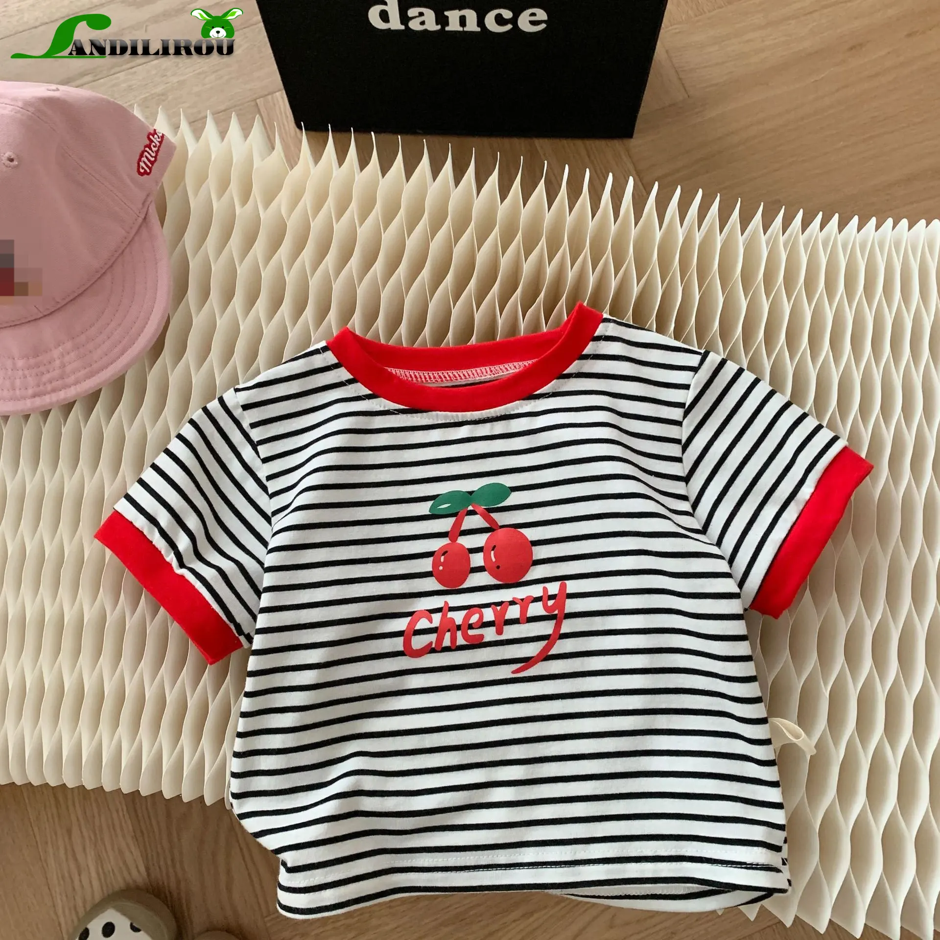 

Cherry-themed Kids T-Shirt: Striped Top Color Blocking Infants Children Up To 6 Years Perfect for Summer Baby Fashion Clothes