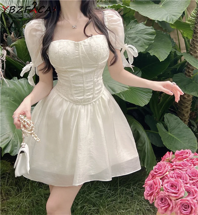 

High Quality White Women Short Jacquard Princess Dress French Gentle Puff Sleeves Corset Slim High Waist Puffy A-Line Dress 2022