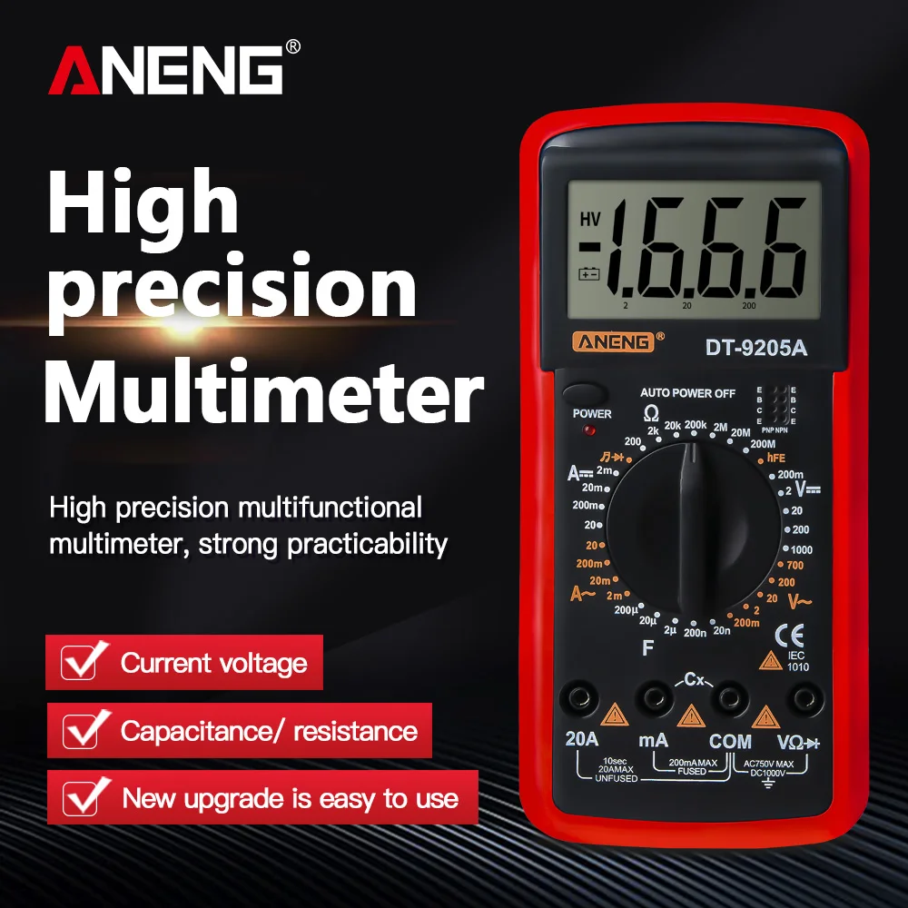 Цифровой мультиметр ANENG DT9205A, транзистор переменного/постоянного тока, электрический тестер NCV, профессиональный аналоговый ампервольтметр...
Цифровой мультиметр ANENG DT9205A, транзистор переменного/постоянного тока, электрический тестер NCV, профессиональный аналоговый ампервольтметр...