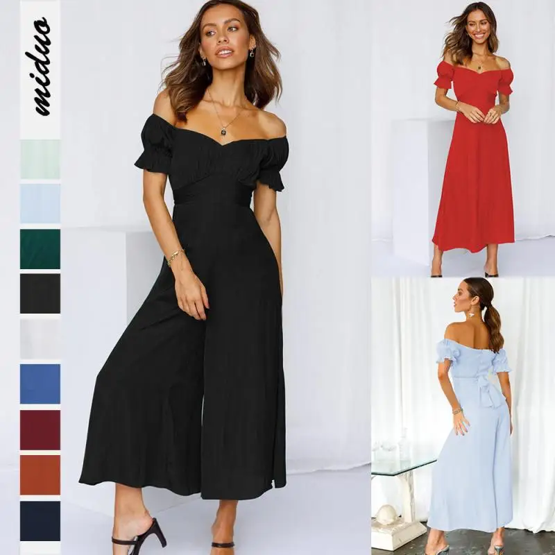 Basic Color Bare Shoulder Slash Neck Jumpsuit Summer Women's Sexy Puff Sleeves Waist Elastic Street Fashion Wide-Leg Pants Dress
Basic Color Bare Shoulder Slash Neck Jumpsuit Summer Women's Sexy Puff Sleeves Waist Elastic Street Fashion Wide-Leg Pants Dress