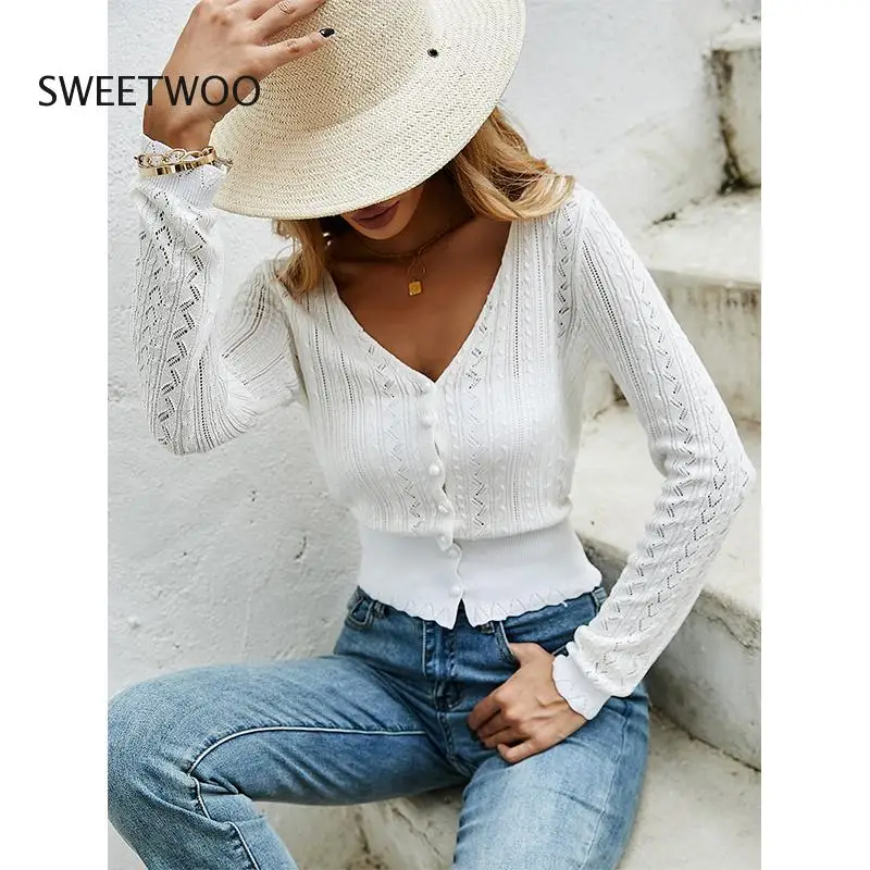 2022 Autumn Winter New V Neck Hollow out Knitted Sweater for Women Fashion Simple Casual Long Sleeve Tops Female Slim Sweaters
2022 Autumn Winter New V Neck Hollow out Knitted Sweater for Women Fashion Simple Casual Long Sleeve Tops Female Slim Sweaters