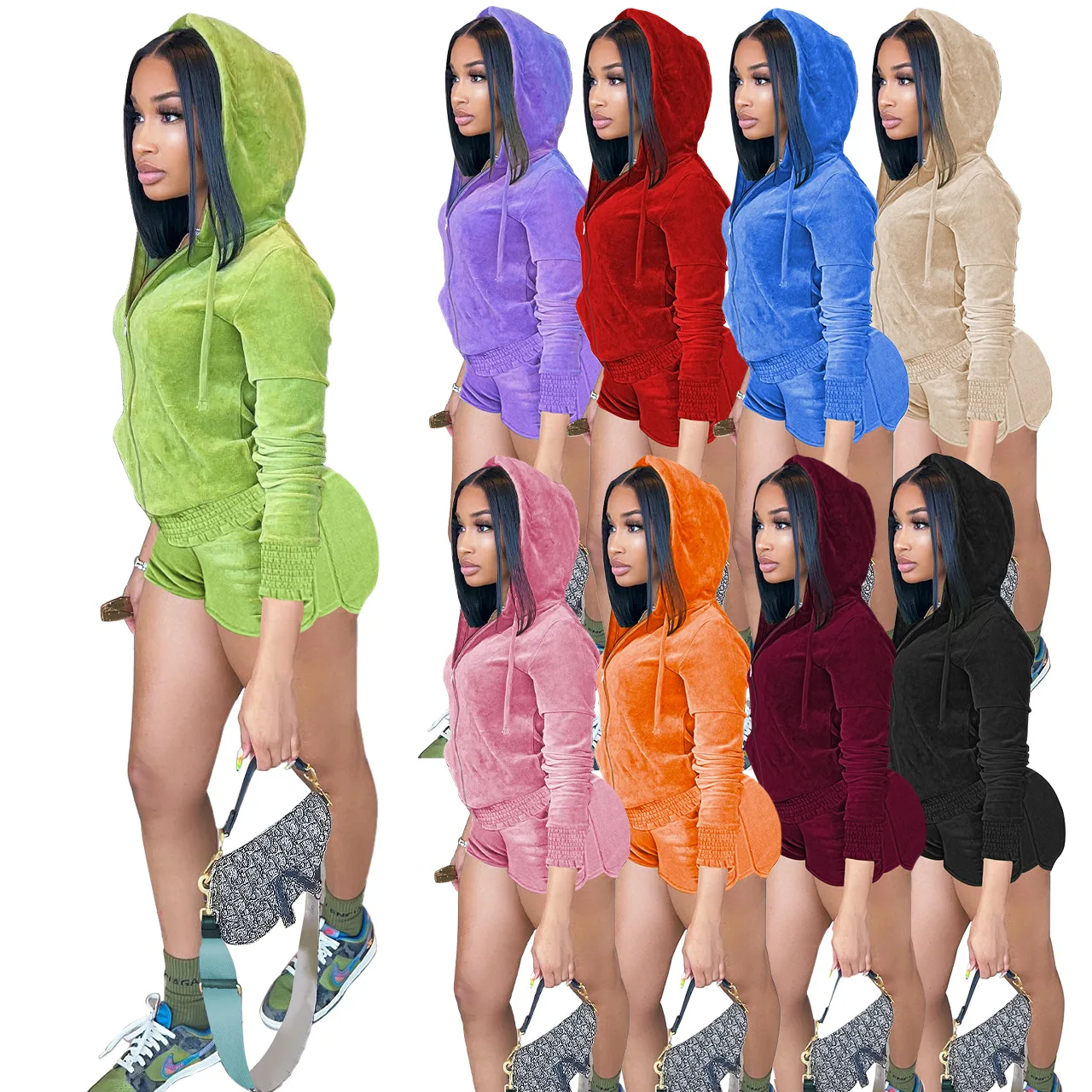 Autumn Sexy Two Piece Set Zip Up Long Sleeve Cropped Hooded Jacket Top with Shorts Velvet Tracksuit Short Pants Women
Autumn Sexy Two Piece Set Zip Up Long Sleeve Cropped Hooded Jacket Top with Shorts Velvet Tracksuit Short Pants Women