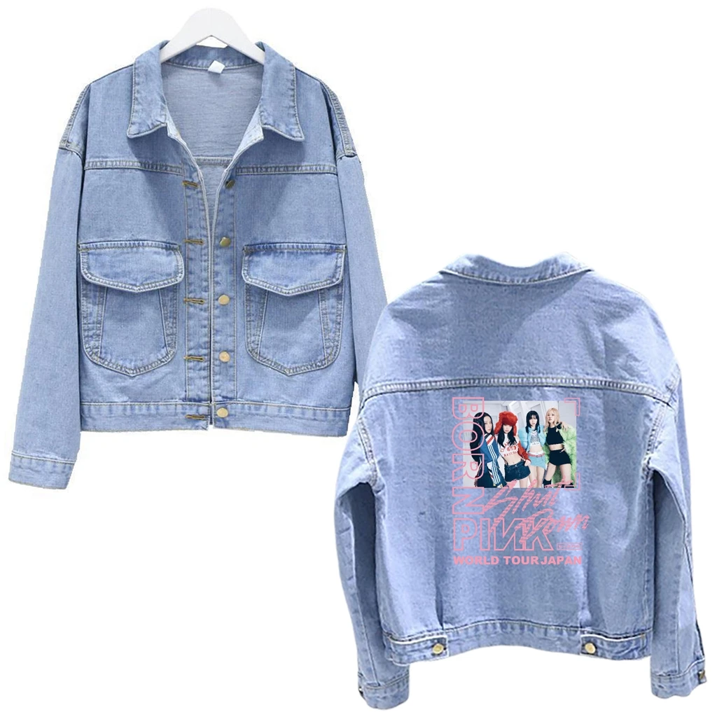 

New Bp Kpop Born Pink Vocal Concert Same Vintage Denim Solid Color Long Sleeved Cotton Bt Jack Y2K Oversize Hip Hop Top Coat