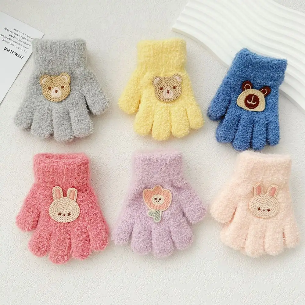 

Korean Style Baby Gloves Cartoon Pattern Gloves Autumn Solid Color Fluffy Knitted Mittens Full Finger Thicken Bow Warm Gloves
