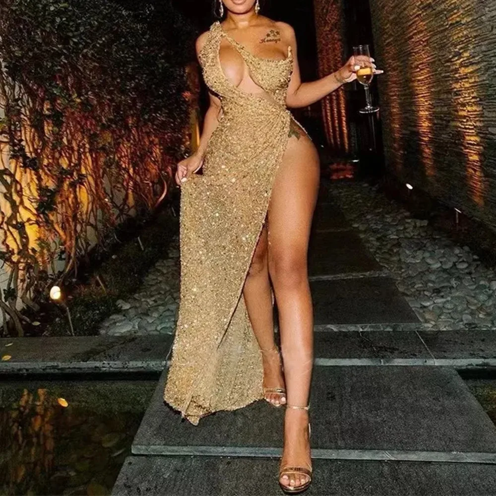 

Sexy Gold Mermaid Evening Dresses One Shoulder Cut-Out Thigh-High Slits Sequin Floor Length African Prom Birthday Party Gowns