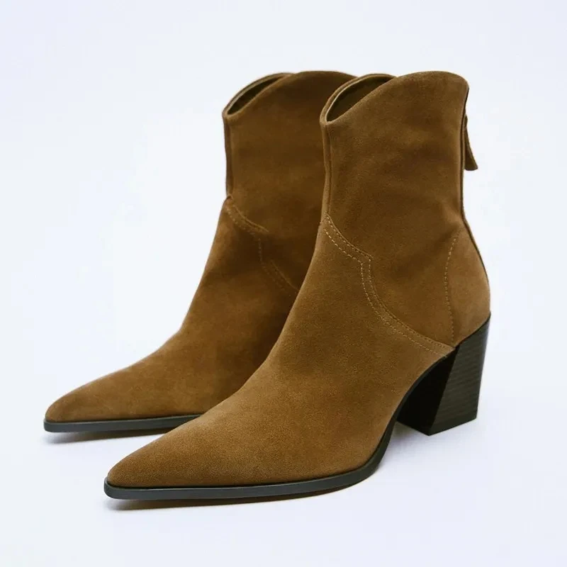 

Женские коричневые замшевые ботинки челси ZAZA, Осенние ковбойские ботинки с острым носком, винтажные Ботинки на каблуке с молнией сзади, Женские Простые ботильоны