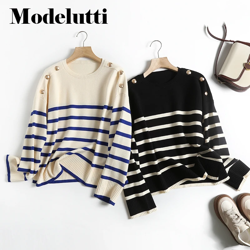 Modelutti 2023 New Autumn Fashion Striped Knitted Sweater Women Pullover Button Decoration Wild Simple Casual Tops Female Jumper
Modelutti 2023 New Autumn Fashion Striped Knitted Sweater Women Pullover Button Decoration Wild Simple Casual Tops Female Jumper