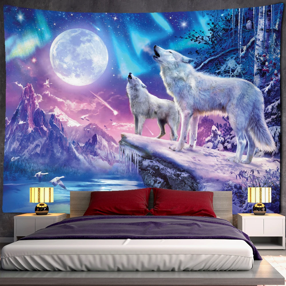 

Wall Hanging Hippie Tapiz Animals Mystical Psychedelic Scenery Dorm Home Decor Wolf In The Forest Tapestry