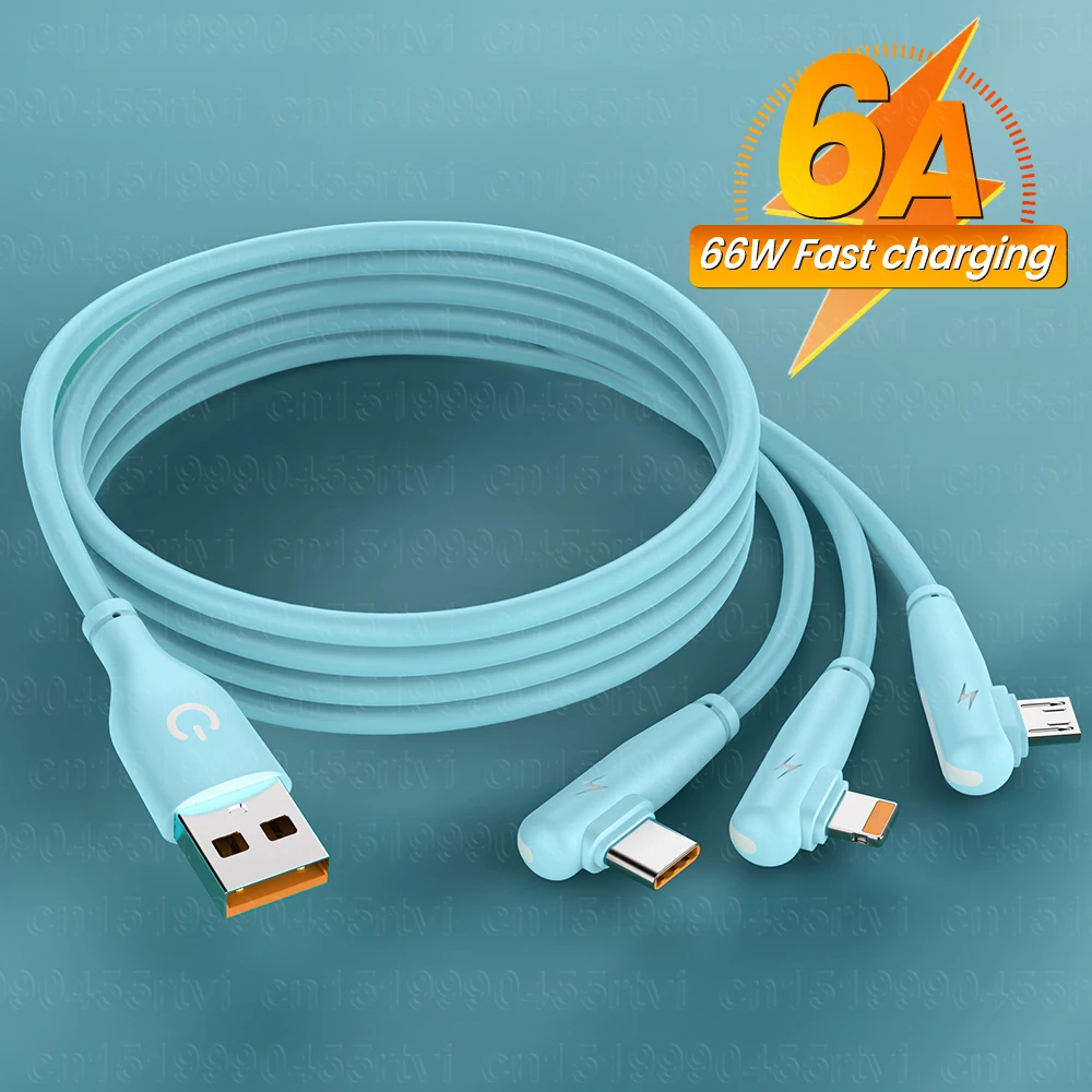 

6A 66W 3in1 Fast Charging Elbow USB Cable For iPhone 13 12 11 Pro Max Liquid Silicone Charge Data Cord For Huawei Samsung Xiaomi