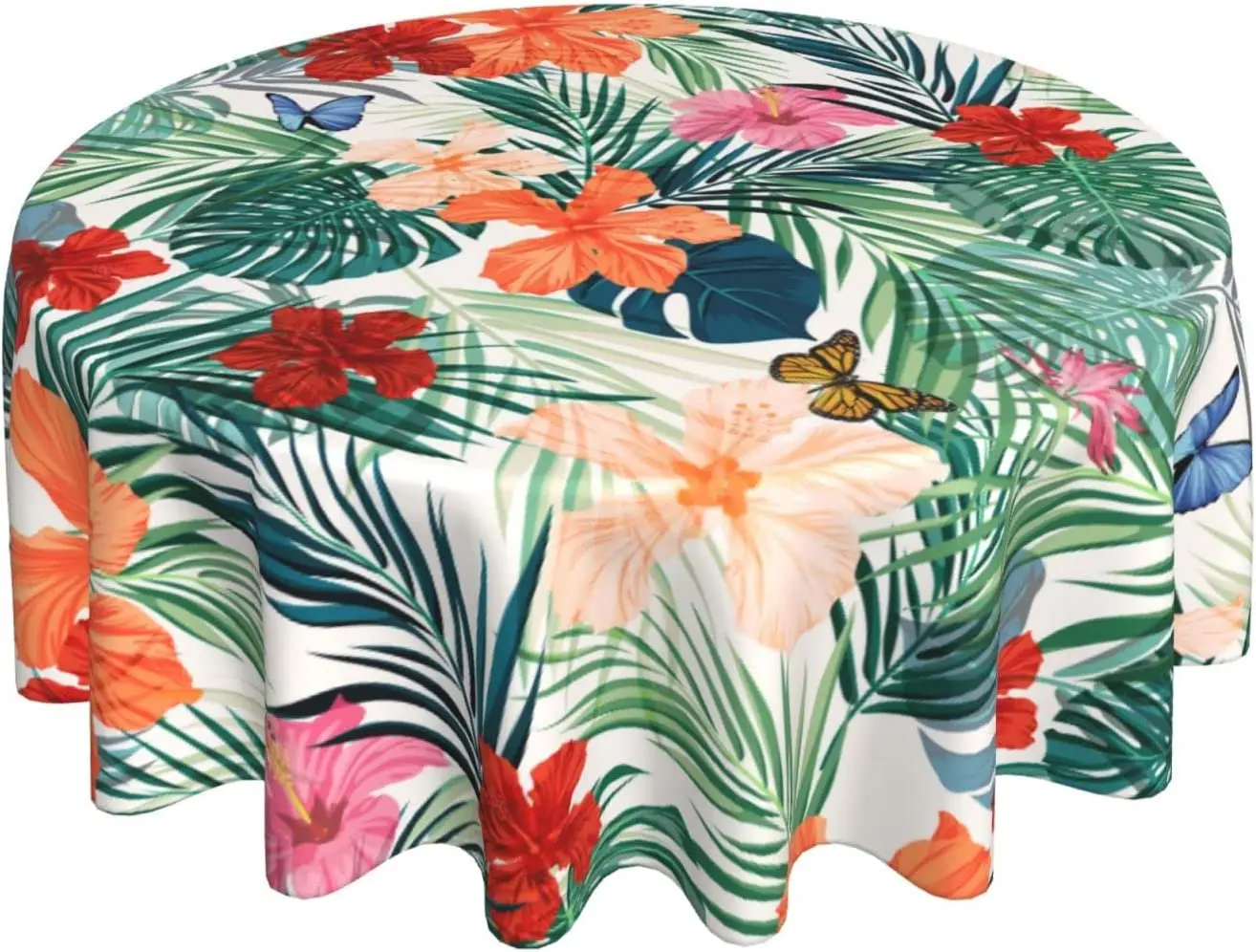 

Hawaiian Palm Tree Round Tablecloth 60 Inch Reusable Wipeable Waterproof Tropical Hibiscus Flowers Table Cloth Wrinkle Resistant