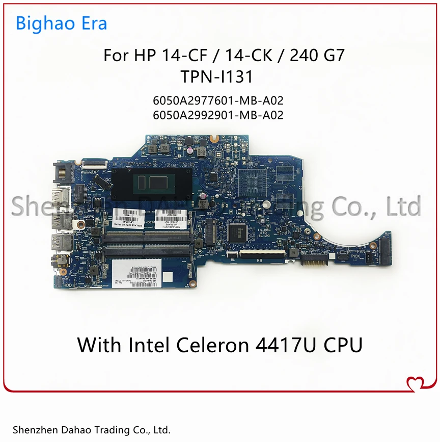 Материнская плата для ноутбука HP 240 G7 14-CF 14-CK с процессором Intel 4417U 6050A2992901 6050A2977601-MB-A02
Материнская плата для ноутбука HP 240 G7 14-CF 14-CK с процессором Intel 4417U 6050A2992901 6050A2977601-MB-A02