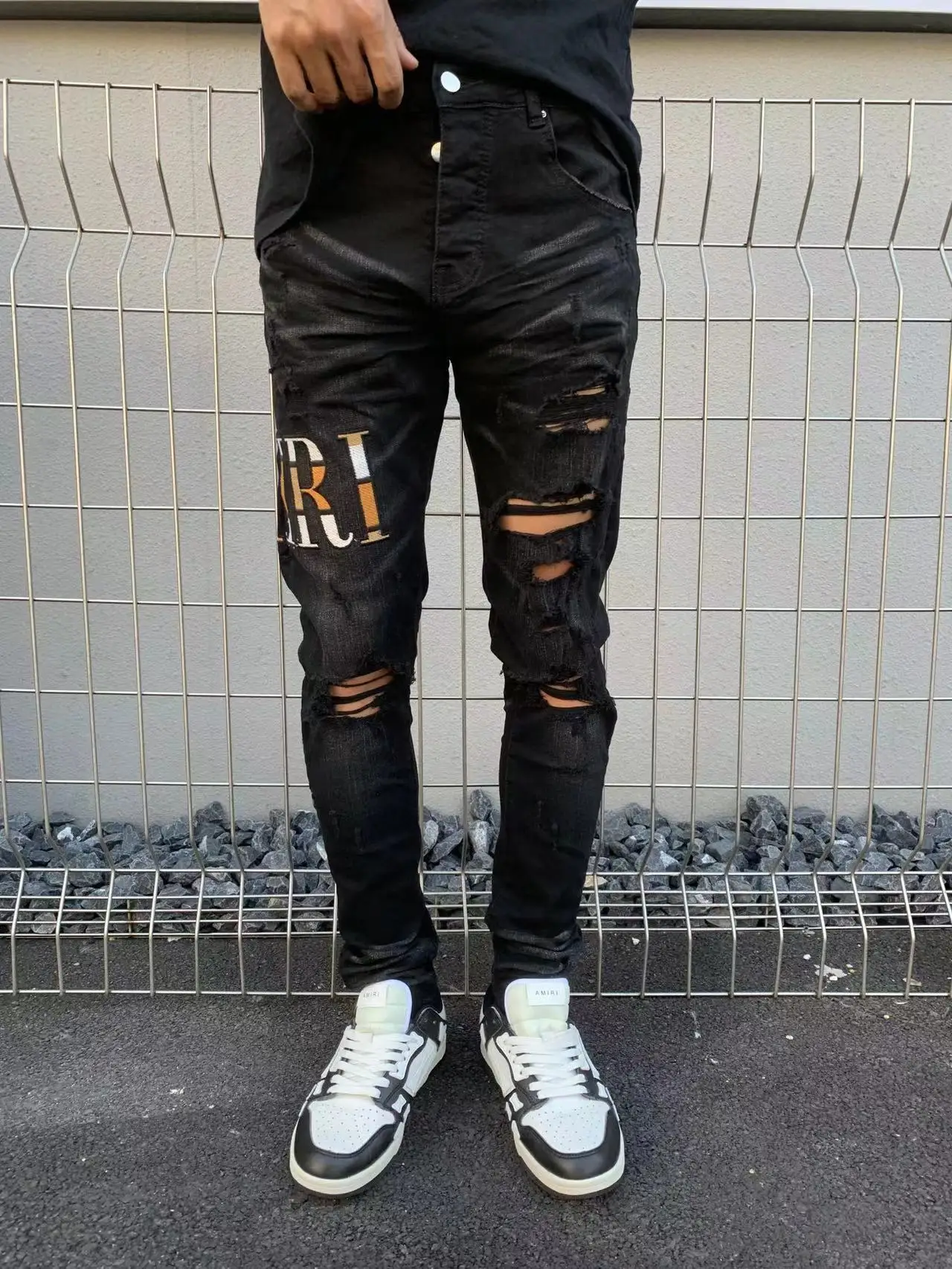 

designer jean brands mens brand Denim Hole Distressed Skinny Ripped Damaged Painted Slim Stretch Destroyed Jeans Pants Trousers