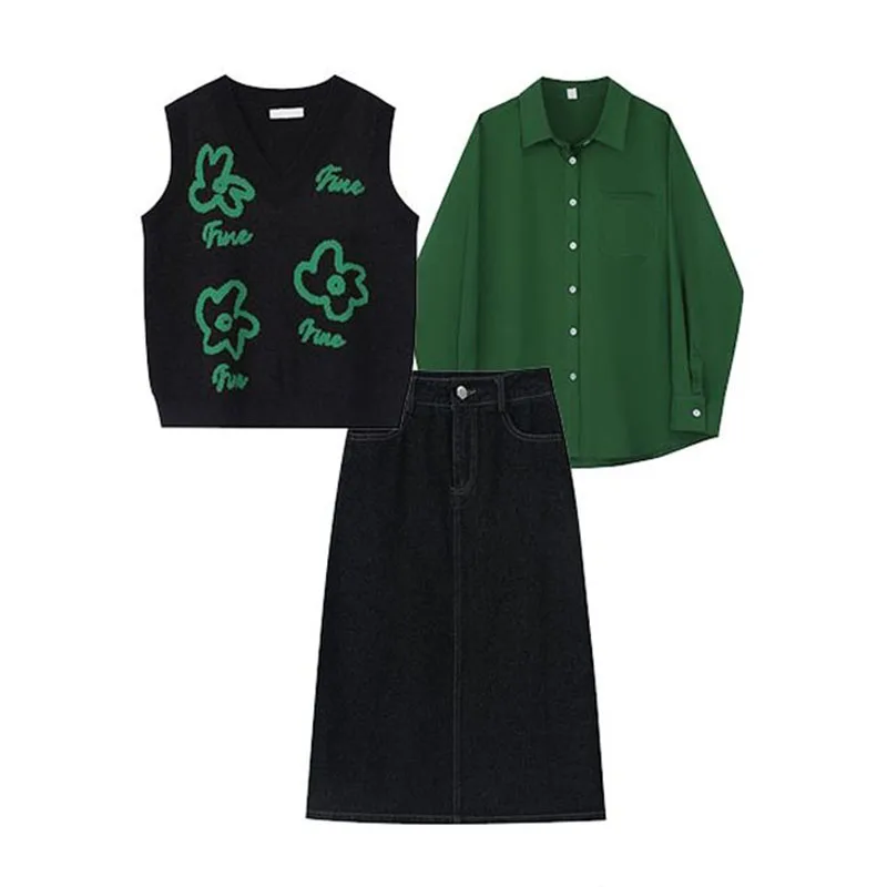 2024 Spring Autumn Set Three Piece Knitted Vest+Solid Color Shirt+High Waist Pencil Skirt Women's Three Piece Set
2024 Spring Autumn Set Three Piece Knitted Vest+Solid Color Shirt+High Waist Pencil Skirt Women's Three Piece Set