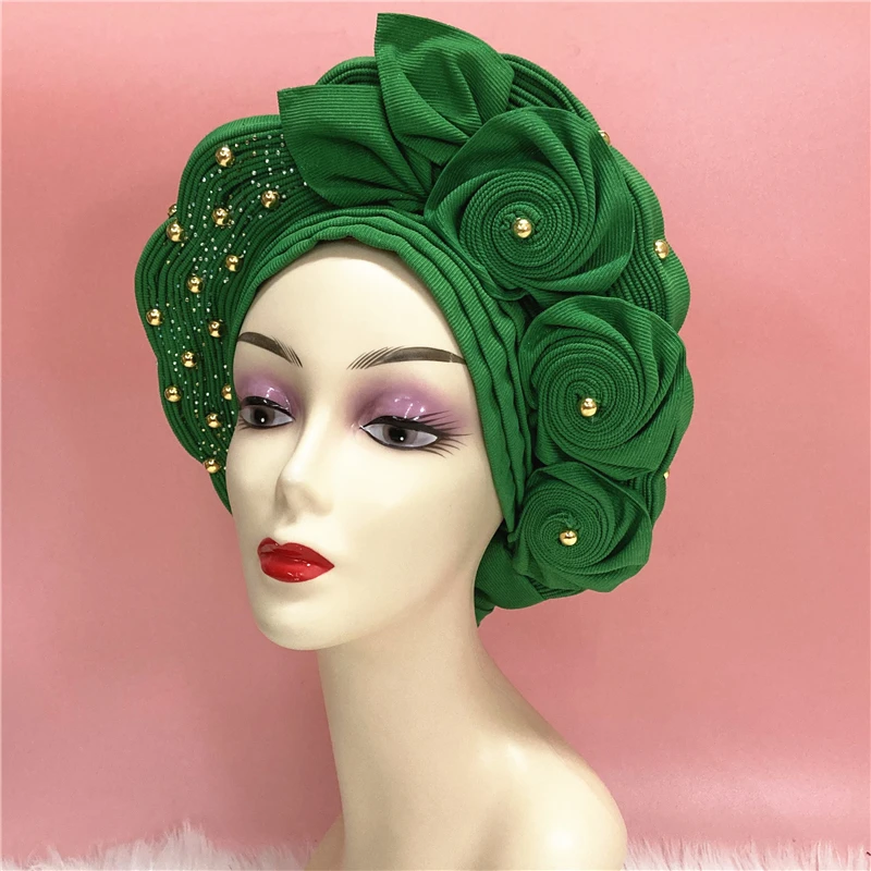 Нигерийский уже изготовленный Gele Headtie золотистый Aso Oke с золотистыми бусинами Auto