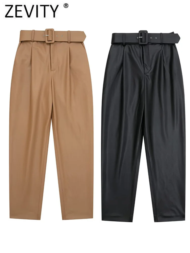 Zevity Women Fashion Side Pocket Pleats Design PU Leather Harem Pants Office Lady Buckle Sashes Zipper Fly Trousers Mujer P2927
Zevity Women Fashion Side Pocket Pleats Design PU Leather Harem Pants Office Lady Buckle Sashes Zipper Fly Trousers Mujer P2927