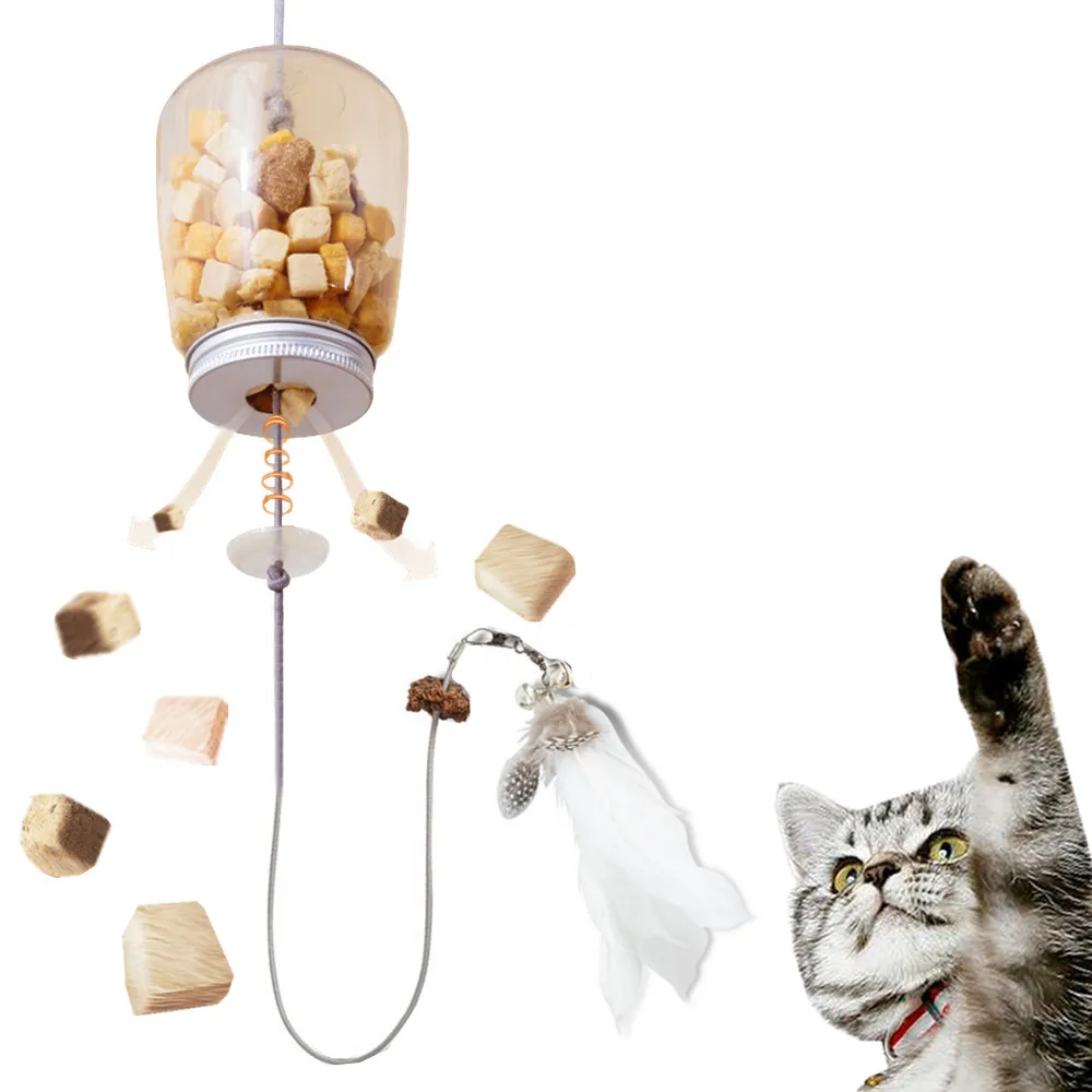 

With Cats Hanging Food Feeder Catnip Interactive Kitten Toy Bell Food Door Scratch Leak Toy Feather Toys Rope Pets Dispenser Cat