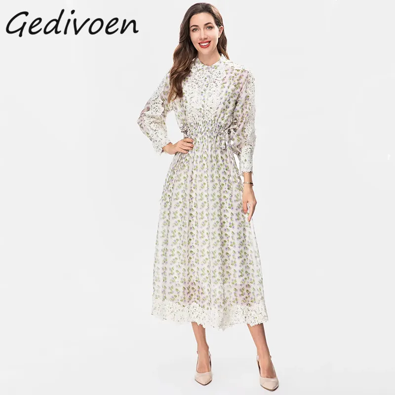 

Gedivoen Summer Fashion Designer Vintage Print Long Dress Women's O-Neck Button Appliques Bow Elastic Waist Sling Lining Dress