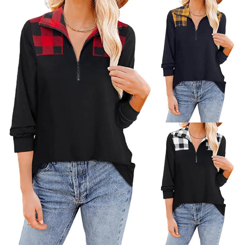 Casual Splicing Long Sleeve Women Tee Shirts V-neck Zipper Plaid Printing Lady Tops Winter New Fashion Loose Female T-Shirt
Casual Splicing Long Sleeve Women Tee Shirts V-neck Zipper Plaid Printing Lady Tops Winter New Fashion Loose Female T-Shirt