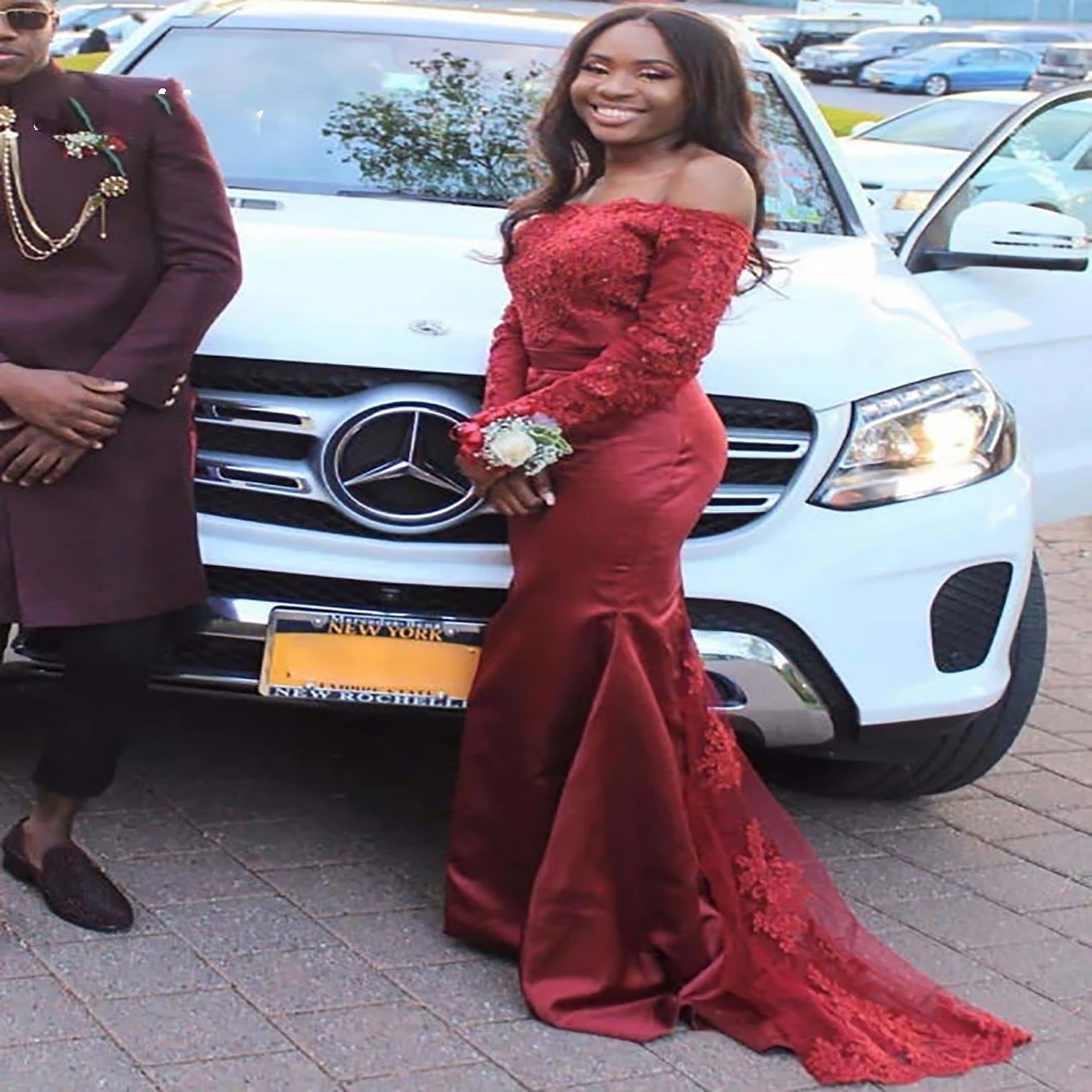 Wine African Prom Dresses With Lace Elegant Long Sleeve Satin Mermaid Evening Gowns 2023 Off The Shoulder Night Ceremony
Wine African Prom Dresses With Lace Elegant Long Sleeve Satin Mermaid Evening Gowns 2023 Off The Shoulder Night Ceremony