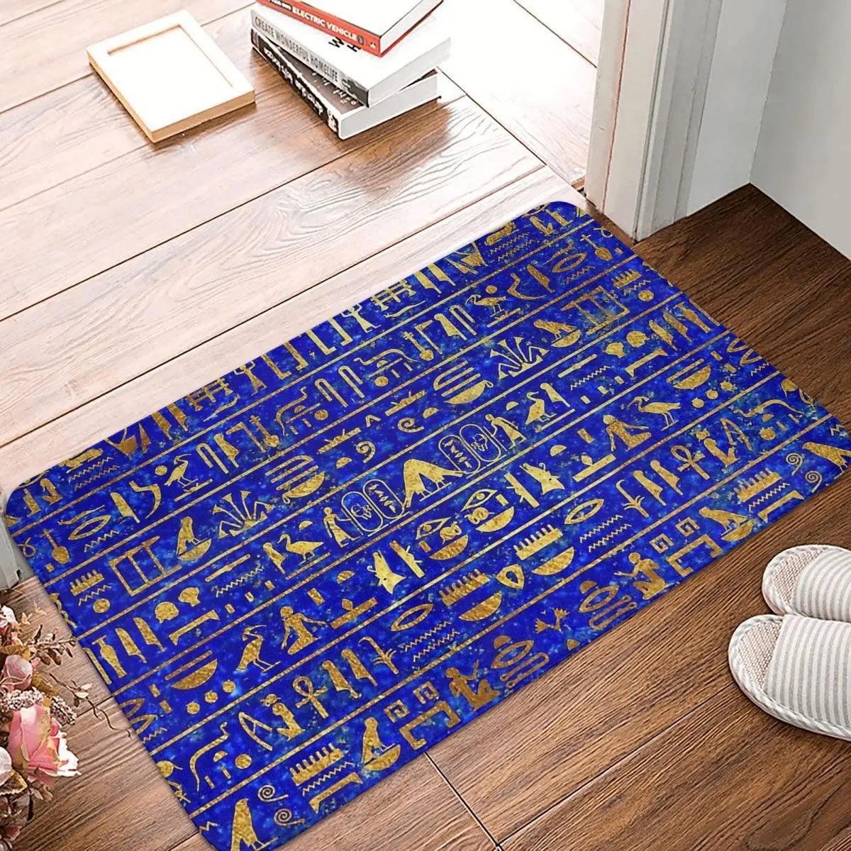 

Ancient Egypt Egyptian Bathroom Non-Slip Carpet Blue Lapis And Gold Hieroglyphics Bedroom Mat Entrance Door Doormat Decor Rug