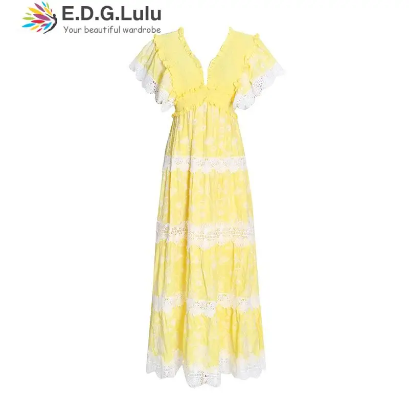 EDGLuLu High Quality V-neck Short Sleeve Loose Long Dresses For Women 2022 Luxury Designer Lace Patchwork Yellow Dress 0525
EDGLuLu High Quality V-neck Short Sleeve Loose Long Dresses For Women 2022 Luxury Designer Lace Patchwork Yellow Dress 0525