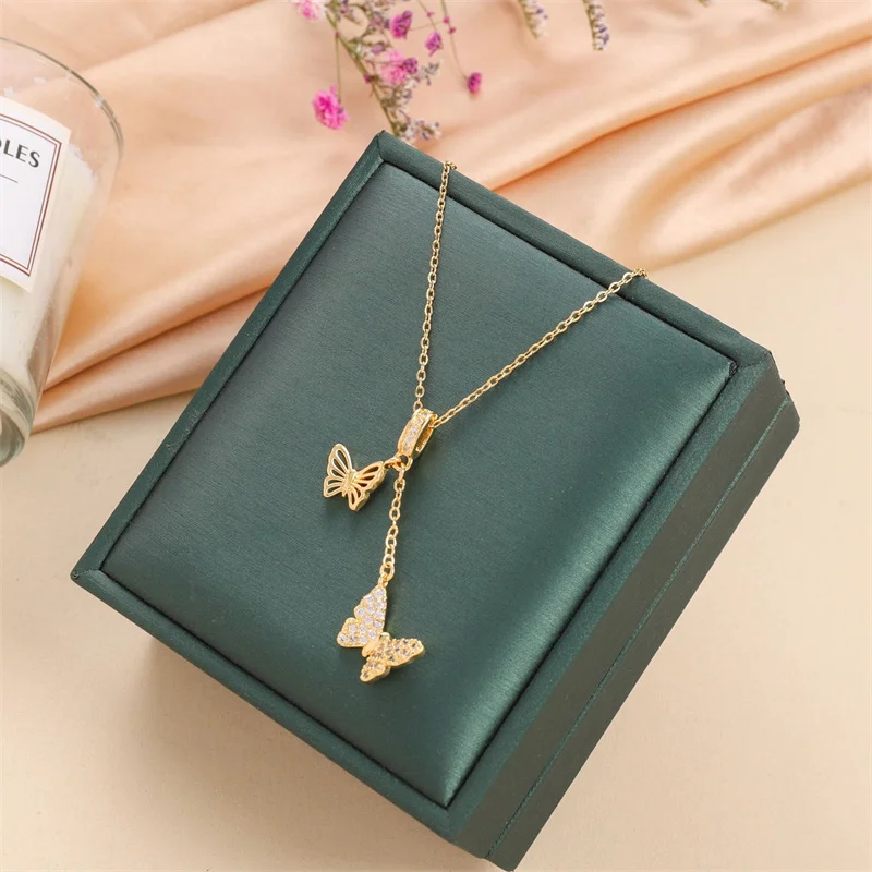Stainless Steel Double Butterfly Pendant Necklace For Women Zircon Butterfly Tassels Chain Necklaces Party Jewelry Gift bijoux
Stainless Steel Double Butterfly Pendant Necklace For Women Zircon Butterfly Tassels Chain Necklaces Party Jewelry Gift bijoux
