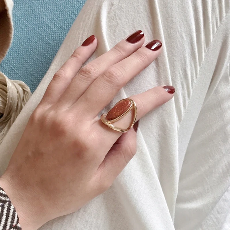 

Peri'sBox Double Circle Goldstone Geometric Rings Thin Oval Red Stone Gold Color Rings Women Vintage Layered Stacking Rings 2019