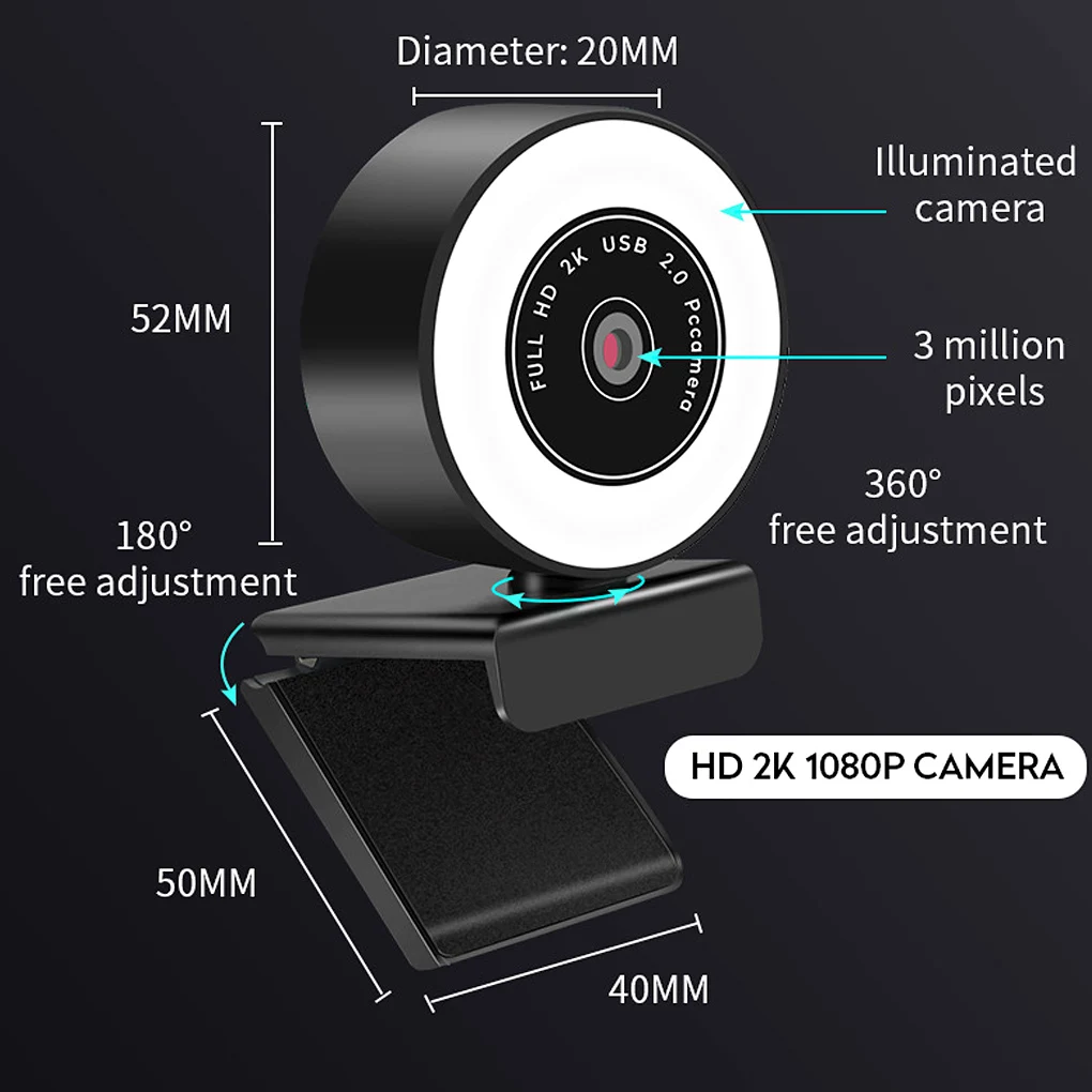 

Web Camera USB LED Computer Camera Adjustable White 5500K Video Webcam with Microphone 2K Triangular Bracket