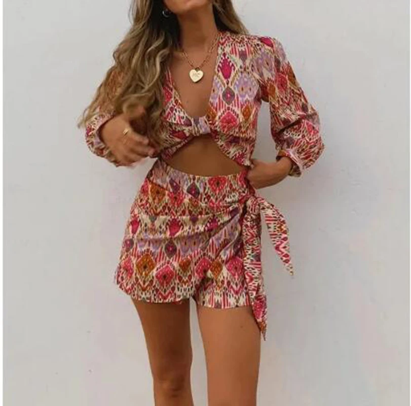 Women Sets Print Skirt Shorts Woman Floral Top Female Long Sleeve Knot Crop Top Summer Suits Vintage High Waist Shorts
Women Sets Print Skirt Shorts Woman Floral Top Female Long Sleeve Knot Crop Top Summer Suits Vintage High Waist Shorts