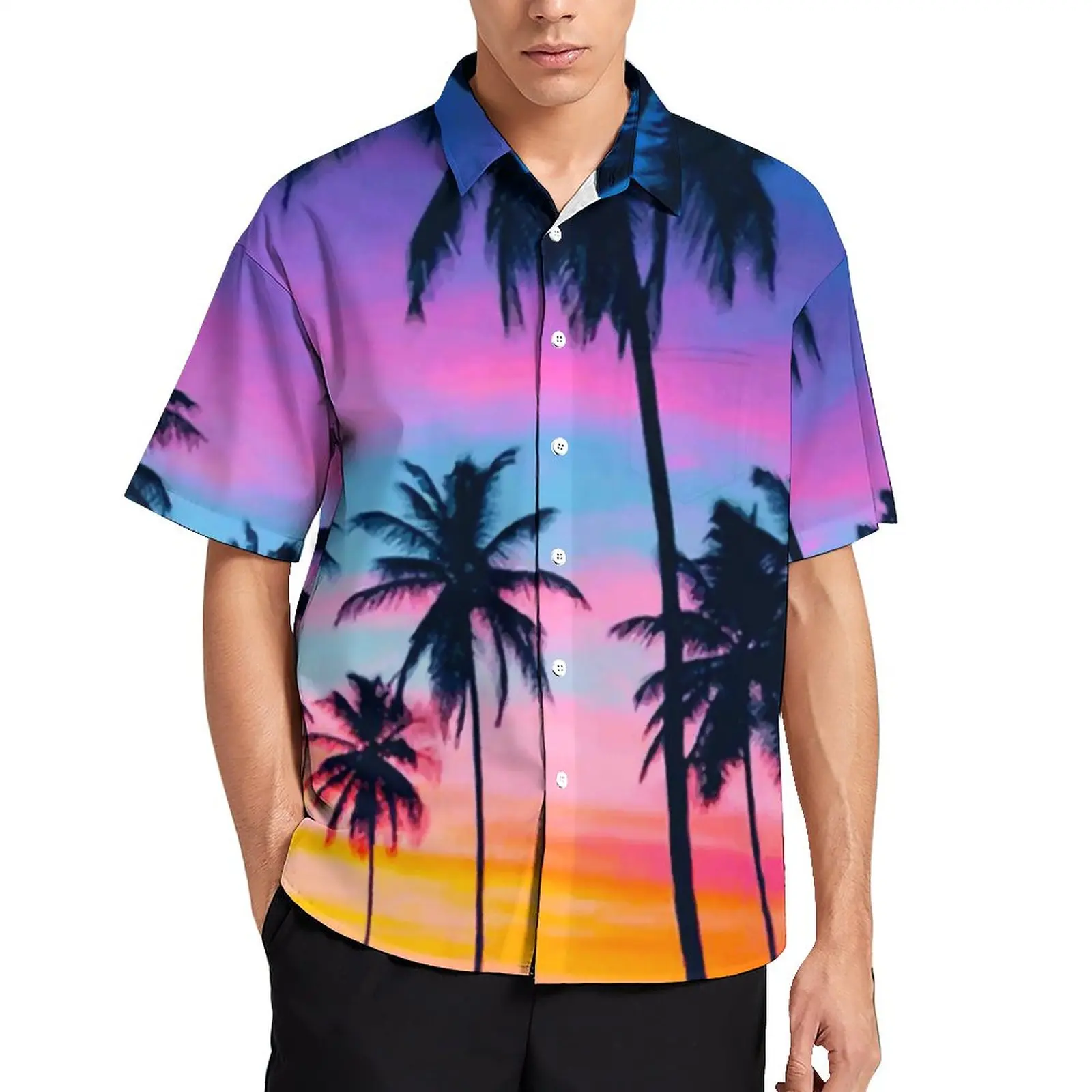 

Miami Sunset Loose Shirt Men Vacation Palm Trees Print Casual Shirts Hawaii Graphic Short Sleeve Harajuku Oversized Blouses