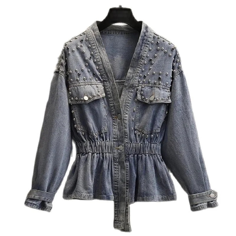 Spring Autumn Short Denim Jacket Women 2023 New Loose V-Neck Coat Fashion Beading Outerwear Single-Breasted Pocket Tops Female
Spring Autumn Short Denim Jacket Women 2023 New Loose V-Neck Coat Fashion Beading Outerwear Single-Breasted Pocket Tops Female