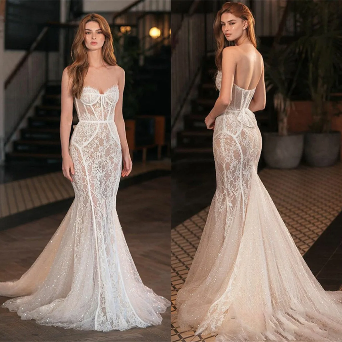 Champagne Mermaid Wedding Dresses Strapless Corset Bridal Gowns Glitter Sleeveless Vintage Lace Boho Wedding Gown vestido novia
Champagne Mermaid Wedding Dresses Strapless Corset Bridal Gowns Glitter Sleeveless Vintage Lace Boho Wedding Gown vestido novia