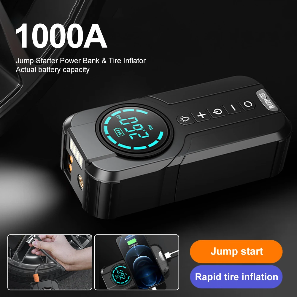 Car Jump Starter Air Pump Portable Air Compressor Multi-function Tire Inflator Auto Portable Battery Starter With Storage Bag
Car Jump Starter Air Pump Portable Air Compressor Multi-function Tire Inflator Auto Portable Battery Starter With Storage Bag