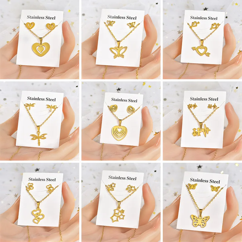 20set/lot Trendy Luxury Stainless Steel Heart Butterfly Pendant Chain Necklace Stud Earring for Women Party Fashion Jewelry Set
20set/lot Trendy Luxury Stainless Steel Heart Butterfly Pendant Chain Necklace Stud Earring for Women Party Fashion Jewelry Set