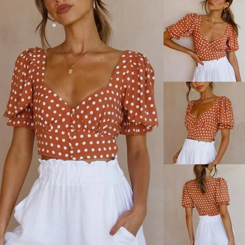 Summer Women Vintage Polka Dot Printed Crop Blouse Puff Short Sleeve Bodycon Shirt Ladies V Neck Slim Tops Fashion
Summer Women Vintage Polka Dot Printed Crop Blouse Puff Short Sleeve Bodycon Shirt Ladies V Neck Slim Tops Fashion