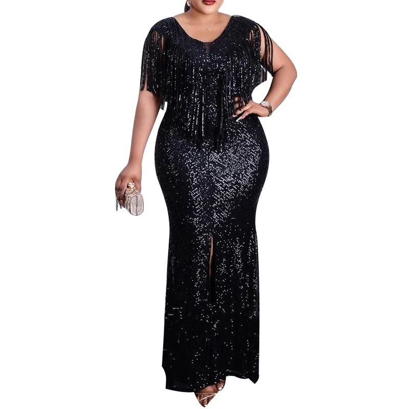 Robes African Maxi Dress Women With Tassel V Neck Slim Africa Clothing Summer New Solid Sequin Long African Party Mermaid Dress
Robes African Maxi Dress Women With Tassel V Neck Slim Africa Clothing Summer New Solid Sequin Long African Party Mermaid Dress