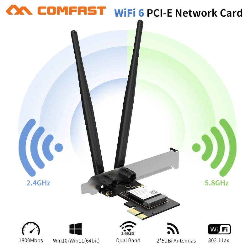 Dual Band 1800Mbps WiFi 6 PCI- E Wireless Wifi Adapter 2.4G/5Ghz 802.11ac/AX MU-MIMO Wi-Fi 6 Network Card For Game PC Win 10/11
Dual Band 1800Mbps WiFi 6 PCI- E Wireless Wifi Adapter 2.4G/5Ghz 802.11ac/AX MU-MIMO Wi-Fi 6 Network Card For Game PC Win 10/11