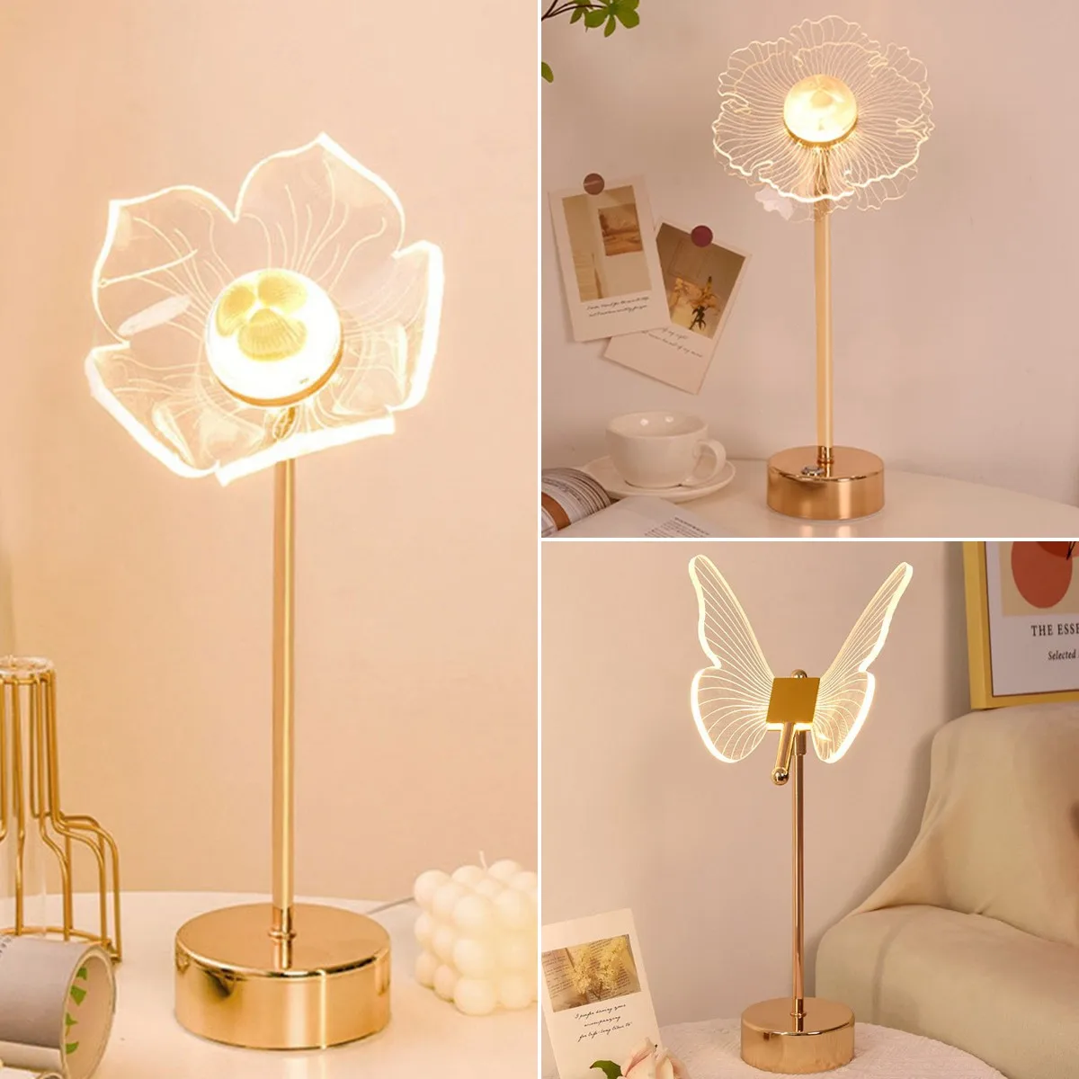 

LED Butterfly Desk Lamps 3 Light Colors Acrylic Retro Lightings Art Crafts 180-degree Adjustable Lampshade Home Room Decoration