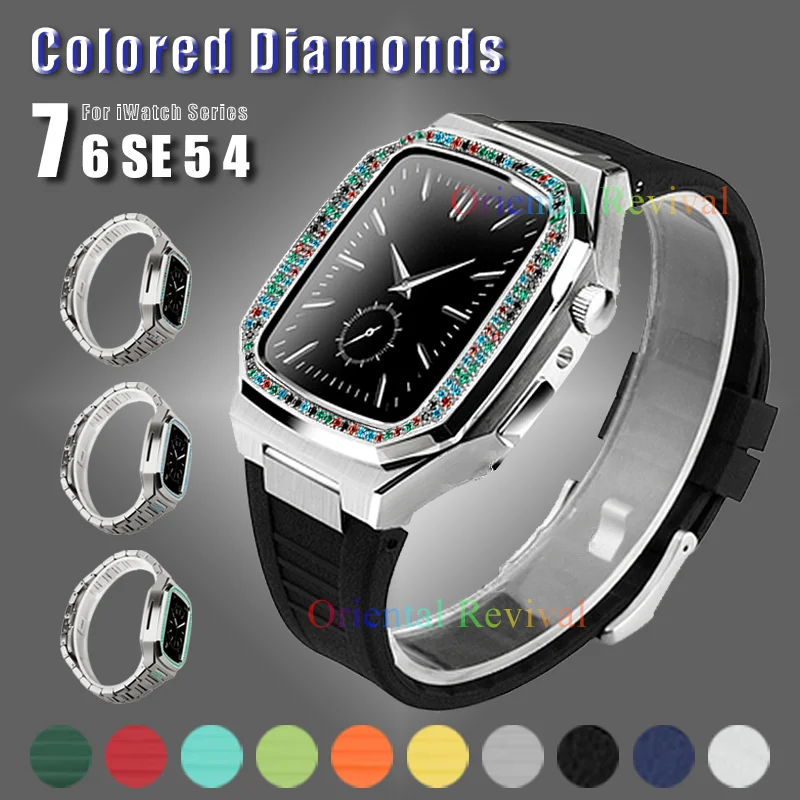 Luxurious Diamond Stainless Steel Modificatie Kit for Apple Watch 7 45mm Case and Strap for 6 SE 5 4 44mm Colorful Rubber Band
Luxurious Diamond Stainless Steel Modificatie Kit for Apple Watch 7 45mm Case and Strap for 6 SE 5 4 44mm Colorful Rubber Band