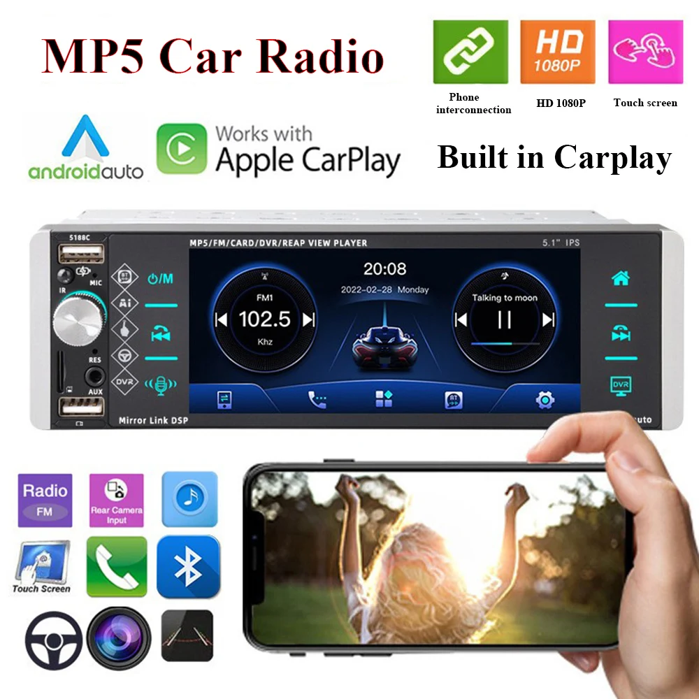 Carplay 1din MP5 плеер сенсорный автомобильный радиоприемник FM 4-USB 5,1 дюймов Поддержка Android Mirrorlink Bluetooth Carplay Авторадио DVR
Carplay 1din MP5 плеер сенсорный автомобильный радиоприемник FM 4-USB 5,1 дюймов Поддержка Android Mirrorlink Bluetooth Carplay Авторадио DVR