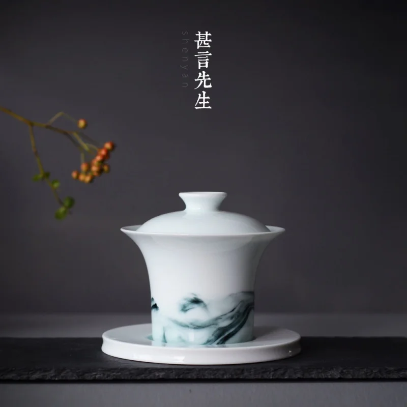 

Обложка Jingdezhen ручной работы, чайная чашка, белый фарфоровый семейный чайный набор, чайная чаша, чернила, пейзаж, яйцо, ракушка, фарфор, Gaiwan, бо...