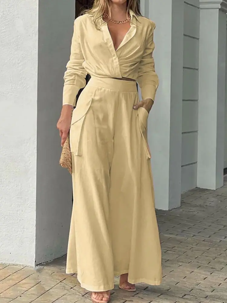 Fashion Solid Long Sleeve Shirt Wide Leg Trousers Suit Women Elegant Office Commute Suit Trendy Pocket High Waist Pants 2PCS Set
Fashion Solid Long Sleeve Shirt Wide Leg Trousers Suit Women Elegant Office Commute Suit Trendy Pocket High Waist Pants 2PCS Set