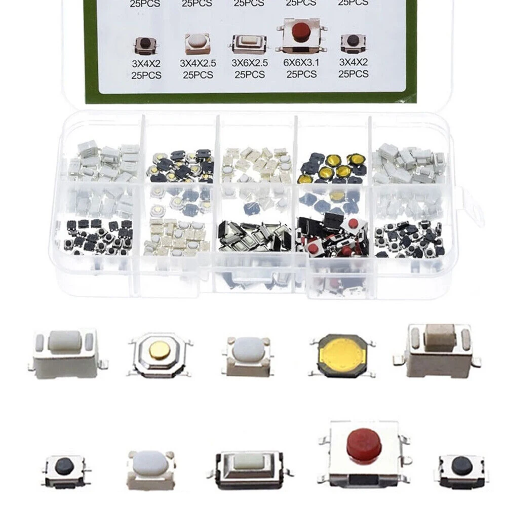 250PCS Micro Tactile Push Button Switch Car Remote Control Button Switch Momentary Key Touch Switch Assortment Set With Box
250PCS Micro Tactile Push Button Switch Car Remote Control Button Switch Momentary Key Touch Switch Assortment Set With Box