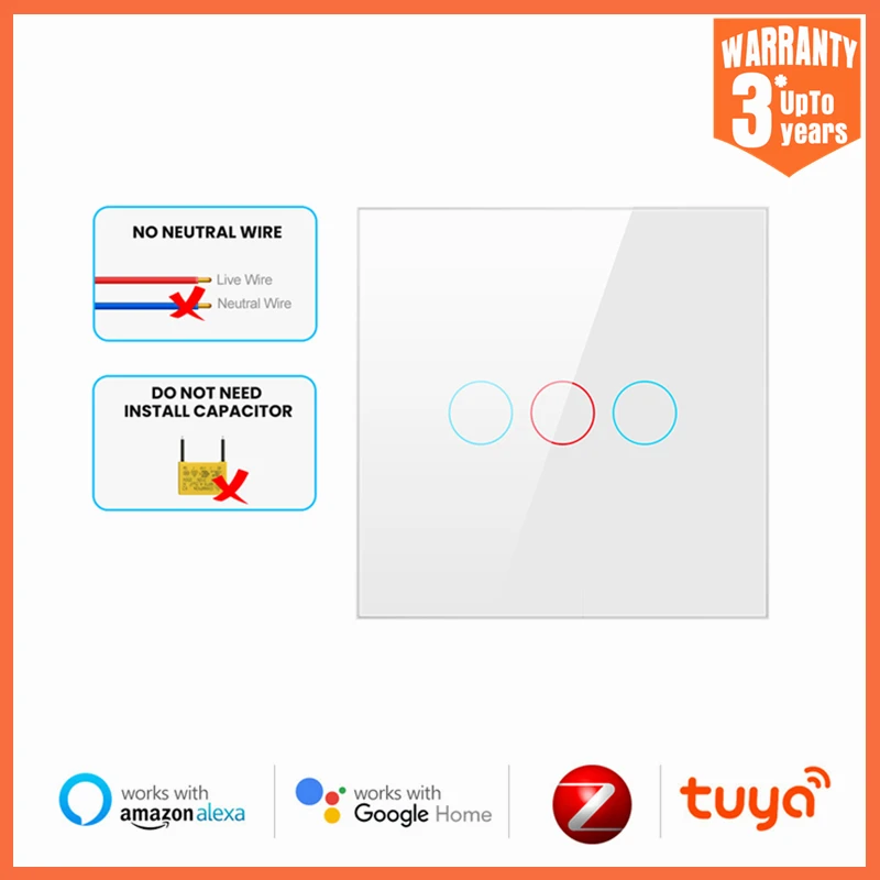 Умный выключатель света ZigBee Tuya, сенсорный переключатель без нейтрального провода, конденсатор на 2/3 клавиши, работает с Alexa Google Home 
Умный выключатель света ZigBee Tuya, сенсорный переключатель без нейтрального провода, конденсатор на 2/3 клавиши, работает с Alexa Google Home