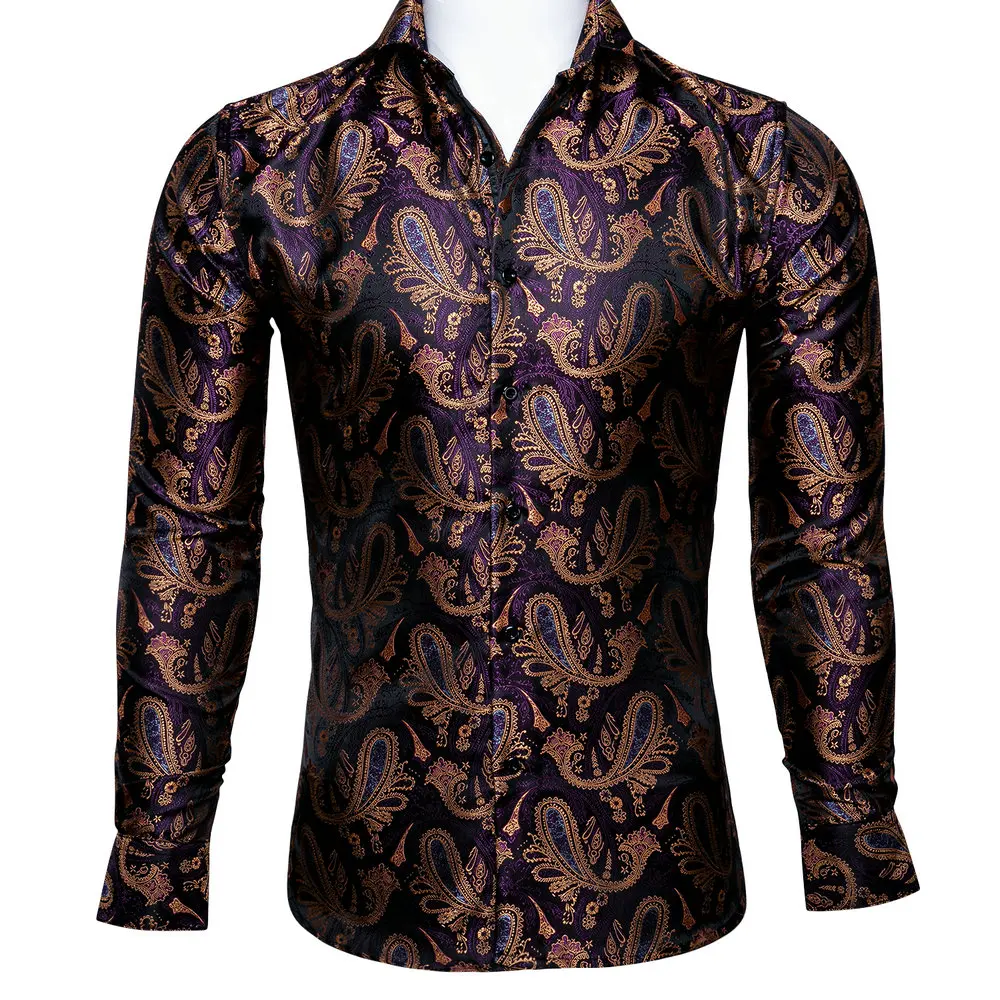 

Paisley Purple Long Sleeve Mens Shirt Novelty Turndown Collar Polyester Jacquard Casual Fit Business Wedding Designer Barry.Wang