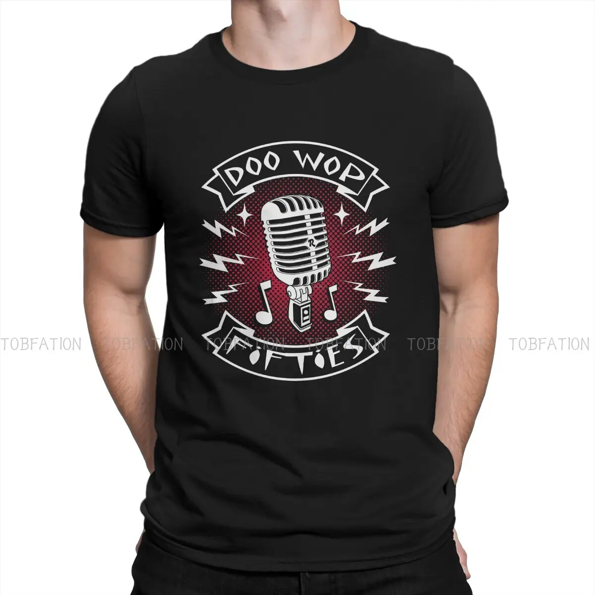 

Retro Microphone Hop Dance Doo Wop 50s Music TShirt For Male Rockabilly Rock and Roll Clothing T Shirt Homme Print Fluffy