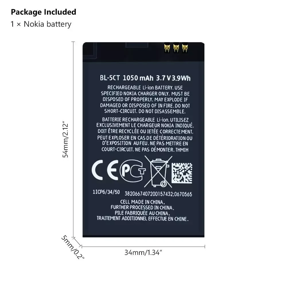 2023NEW 1pc 1050mAh Replacement Phone Battery BL-5CT BL5CT Batteries for Nokia 3720 5220 5220XM 6730 6330 6303i C5-02 BL 5CT Bat
2023NEW 1pc 1050mAh Replacement Phone Battery BL-5CT BL5CT Batteries for Nokia 3720 5220 5220XM 6730 6330 6303i C5-02 BL 5CT Bat