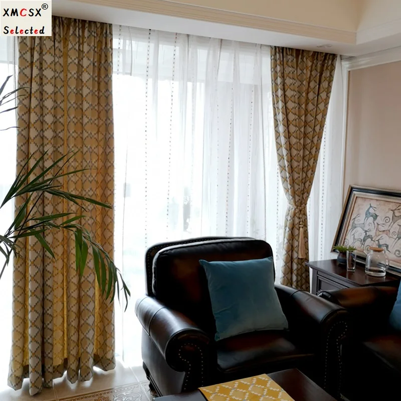 

American Luxury Nordic Style Double-sided Jacquard Shading Curtain Living Room Bedroom Window Drape Diamond Plaid Yellow Cortina