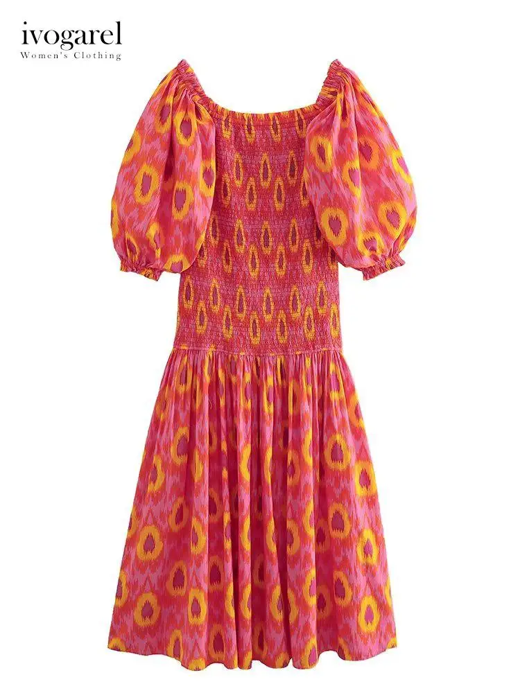 Ivogarel Printed Midi Dress Women's Vintage Style Evening Cotton Dress Straight Neckline, Puff Sleeves, Smocking
Ivogarel Printed Midi Dress Women's Vintage Style Evening Cotton Dress Straight Neckline, Puff Sleeves, Smocking